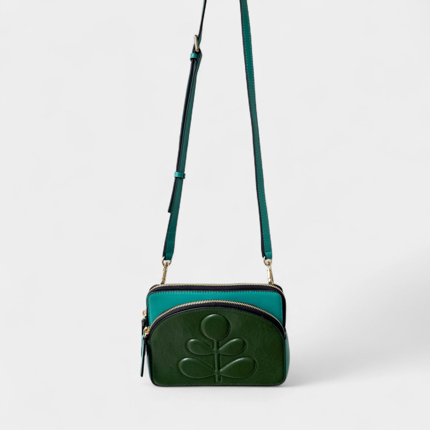 Orla Kiely Portia East Turquoise Green Leather Embossed Stem Crossbody Bag