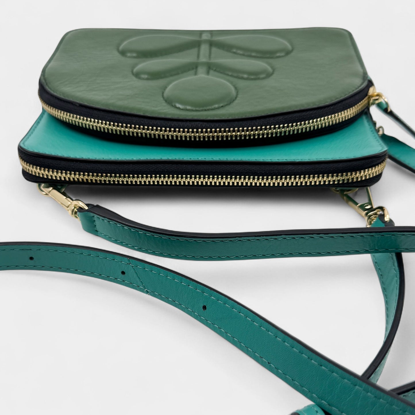 Orla Kiely Portia East Turquoise Green Leather Embossed Stem Crossbody Bag