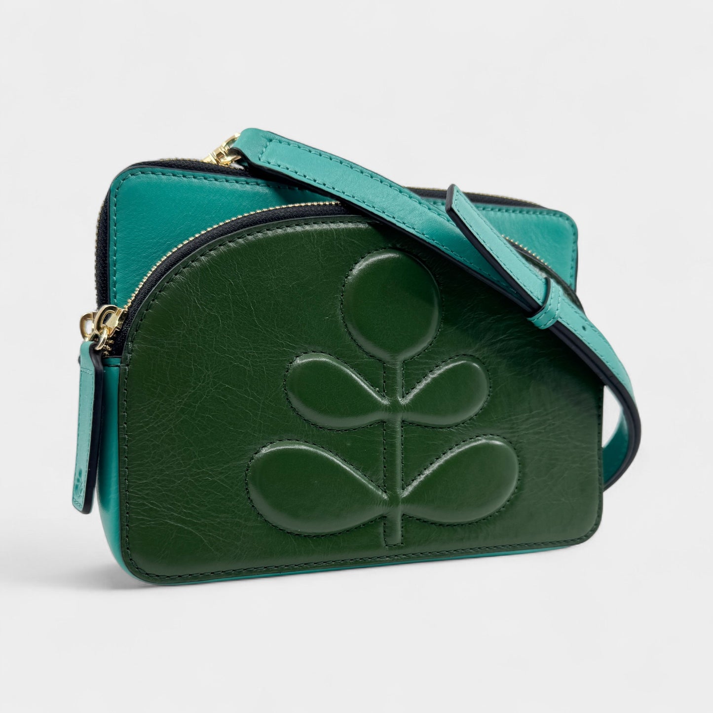 Orla Kiely Portia East Turquoise Green Leather Embossed Stem Crossbody Bag