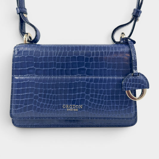 Oroton Blue Croc Textured Leather Forte Shoulder Bag