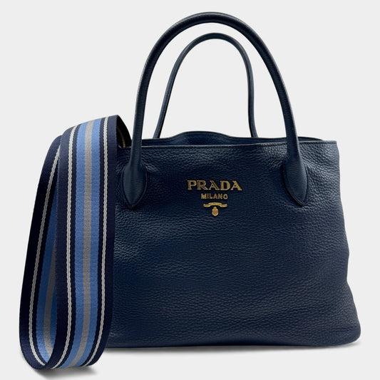Prada Baltico Blue Vitello Daino Leather Cameo 2-Way Tote Bag