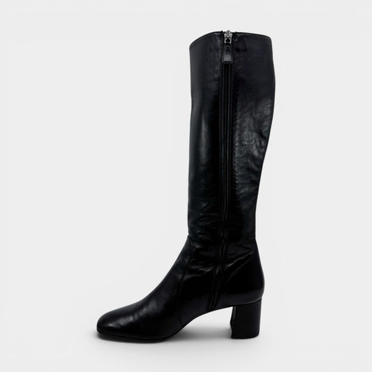 Prada Black Leather Square Toe Tall Heeled Boots EU38.5 ~ AU7.5