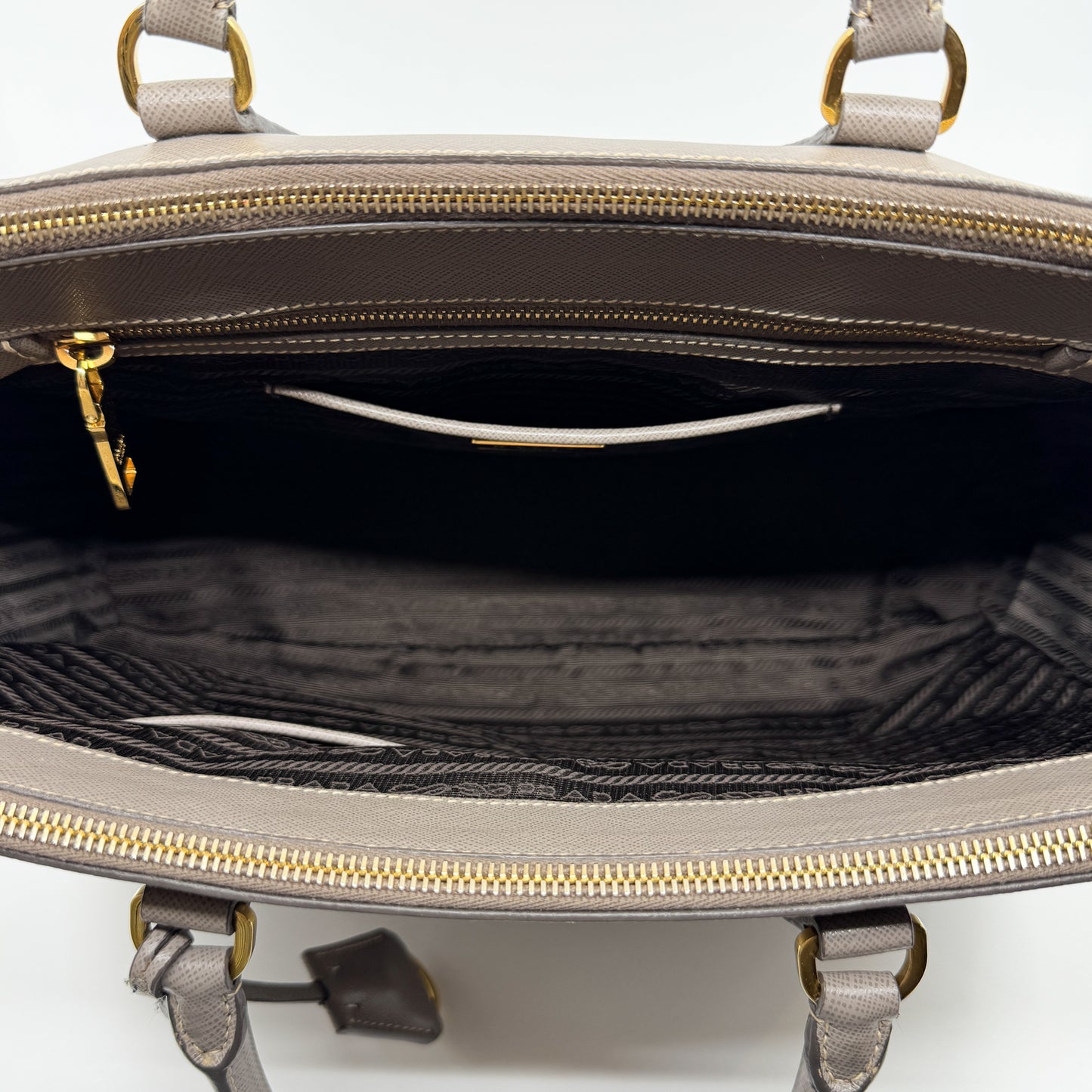 Prada Beige Grey Saffiano Leather Double Zip Galleria Tote Bag