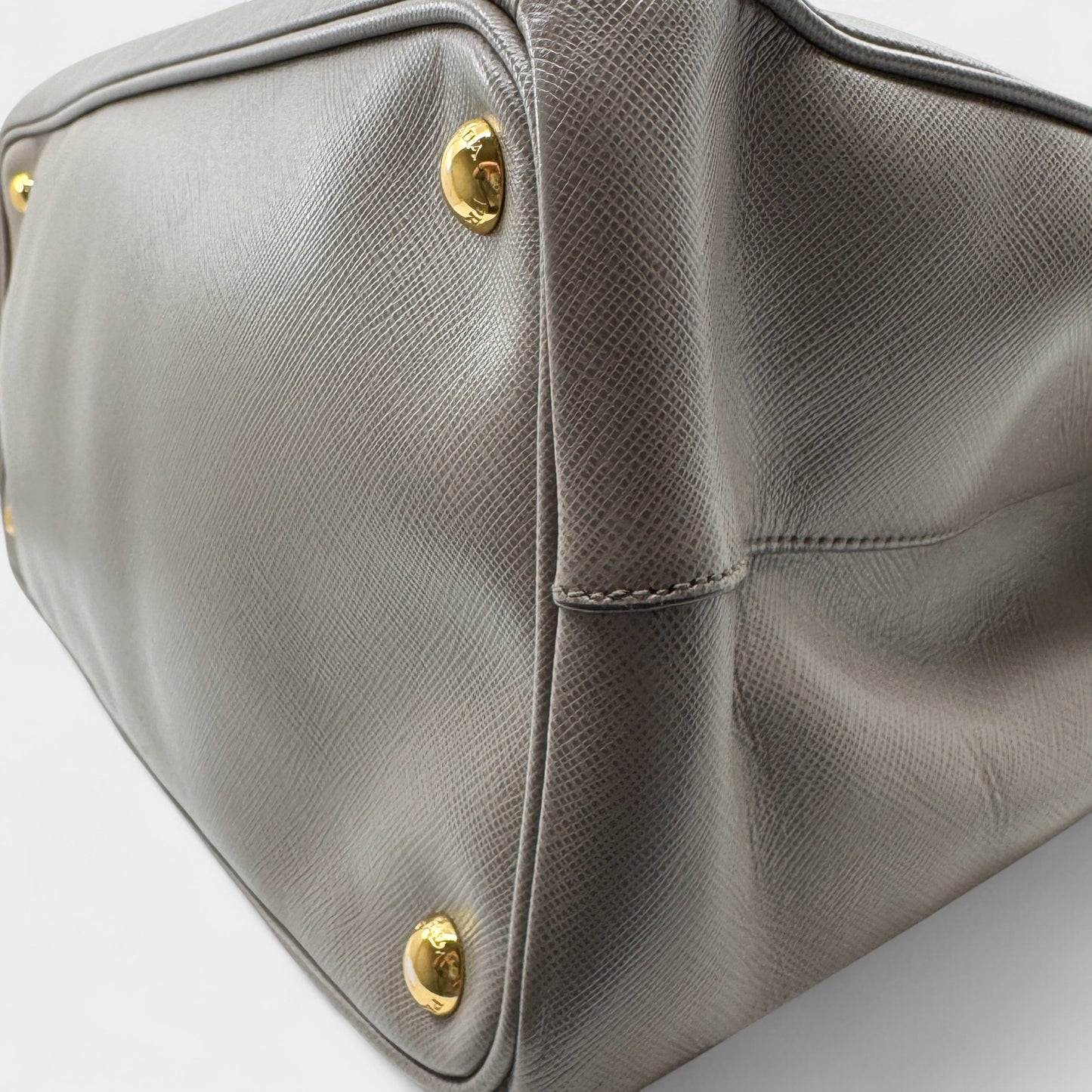 Prada Beige Grey Saffiano Leather Double Zip Galleria Tote Bag