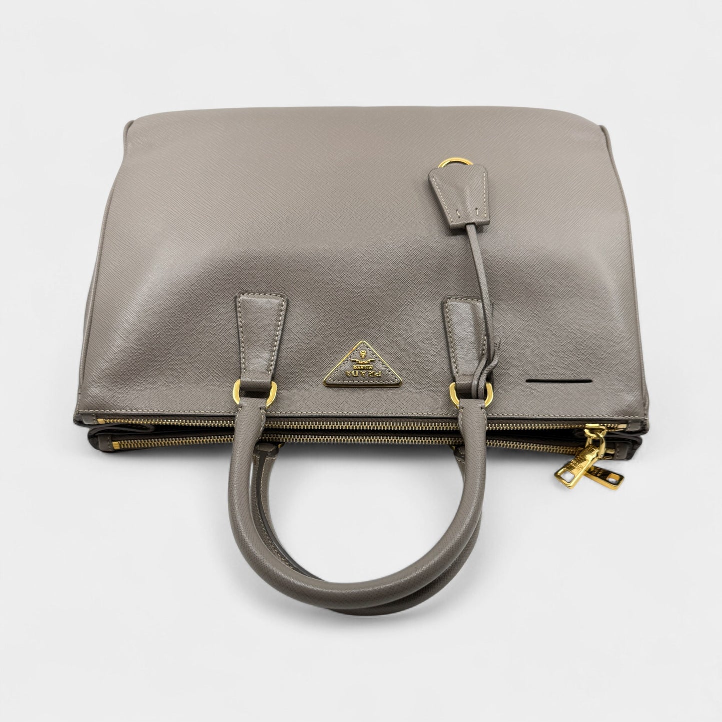 Prada Beige Grey Saffiano Leather Double Zip Galleria Tote Bag