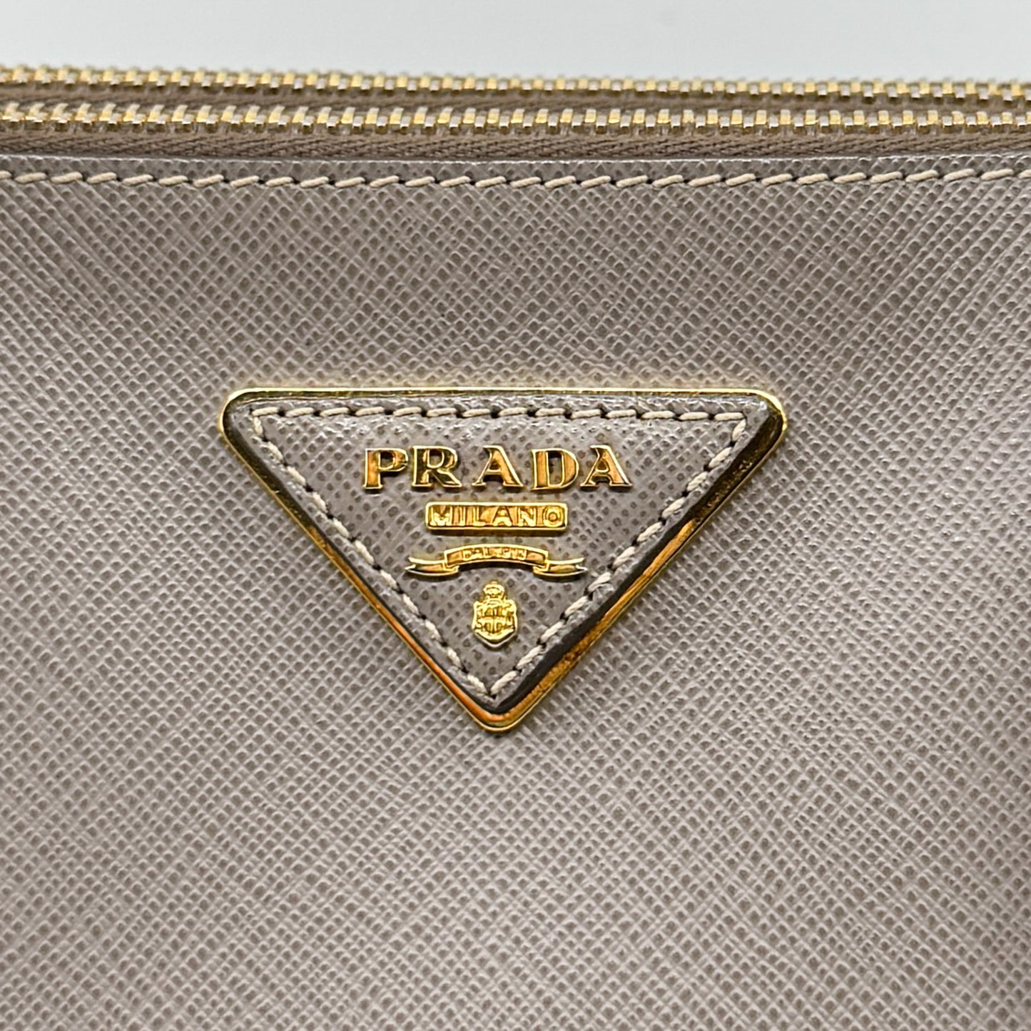 Prada Beige Grey Saffiano Leather Double Zip Galleria Tote Bag