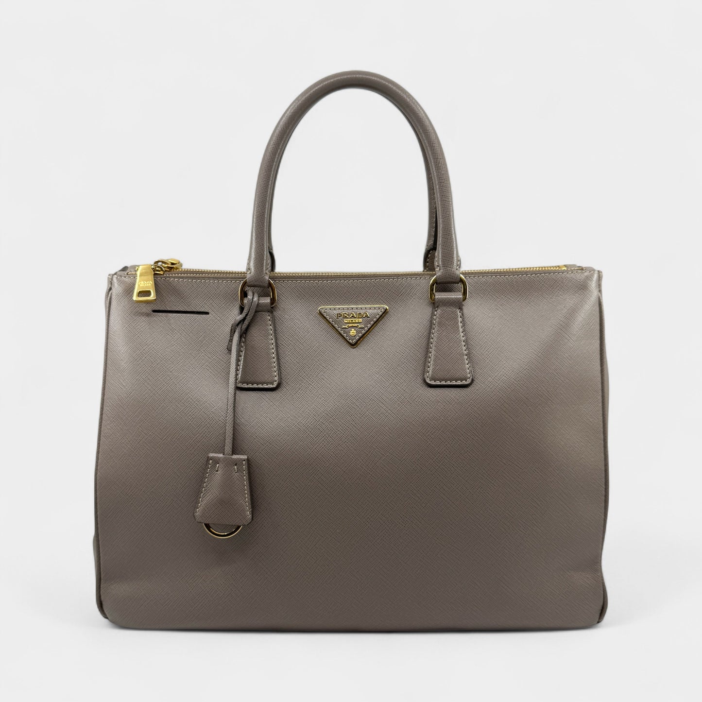 Prada Beige Grey Saffiano Leather Double Zip Galleria Tote Bag