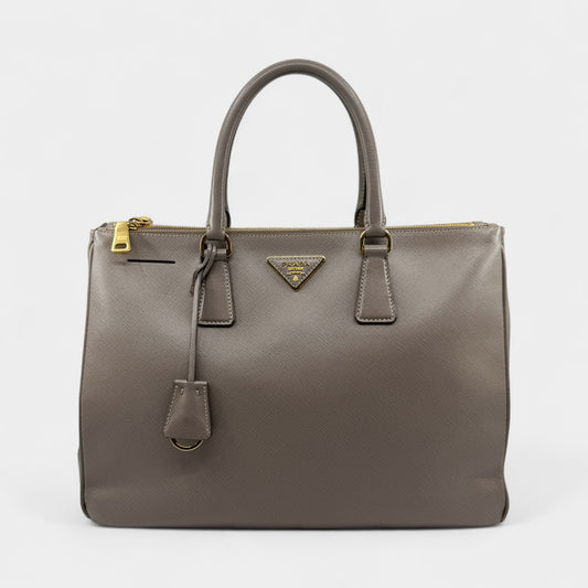 Prada Beige Grey Saffiano Leather Double Zip Galleria Tote Bag