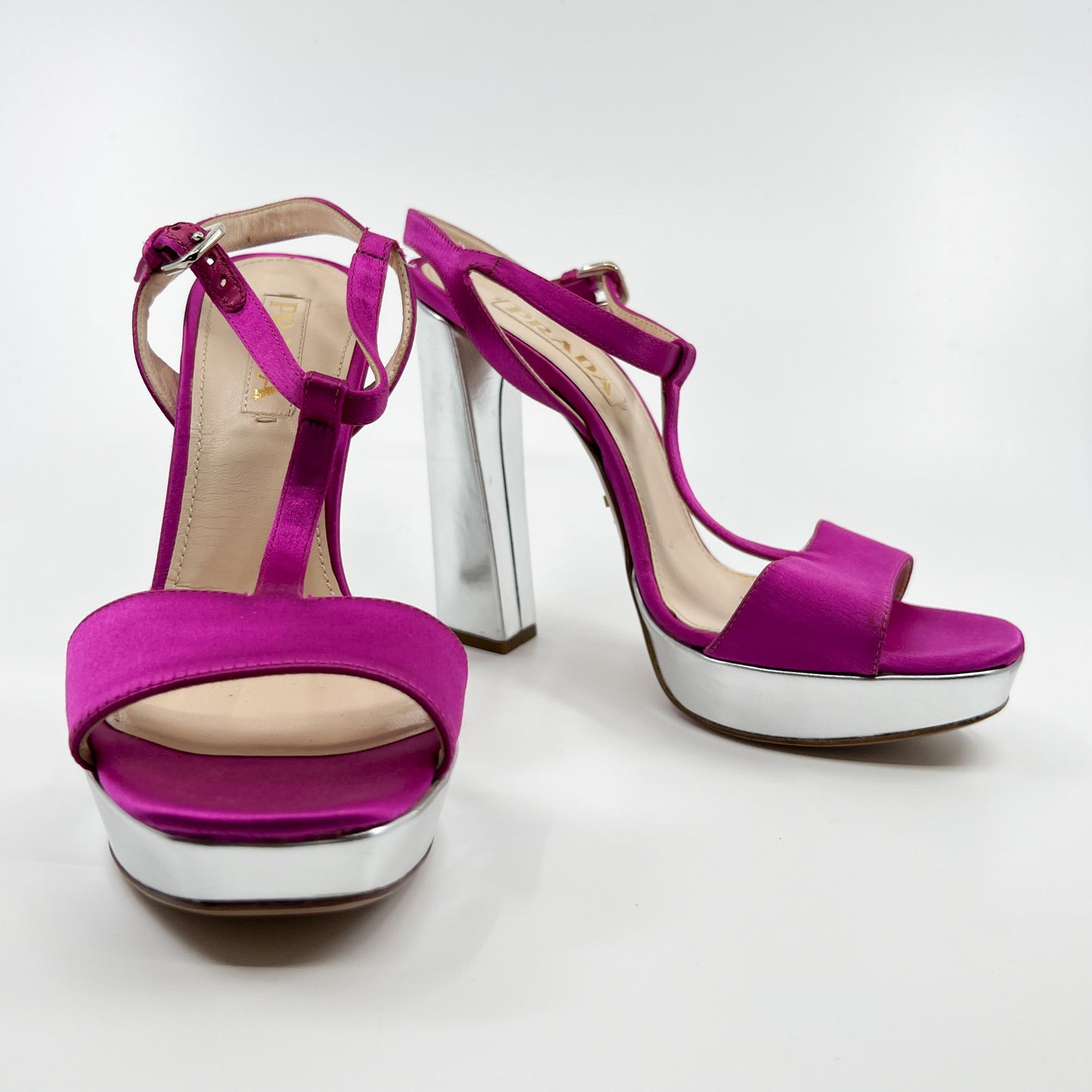 Prada Pink Silk & Silver Heeled Platform Shoes EU37 ~ AU6