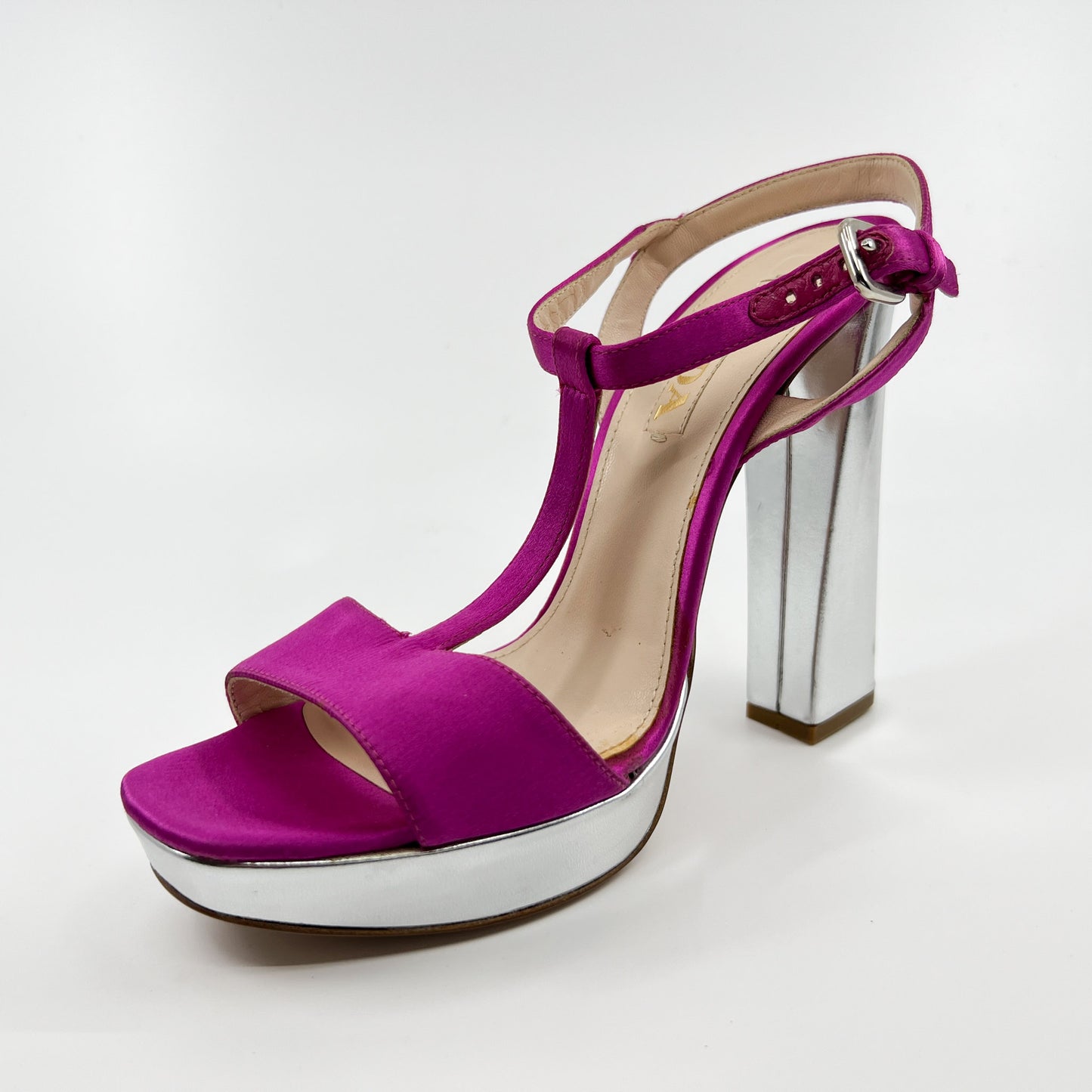 Prada Pink Silk & Silver Heeled Platform Shoes EU37 ~ AU6