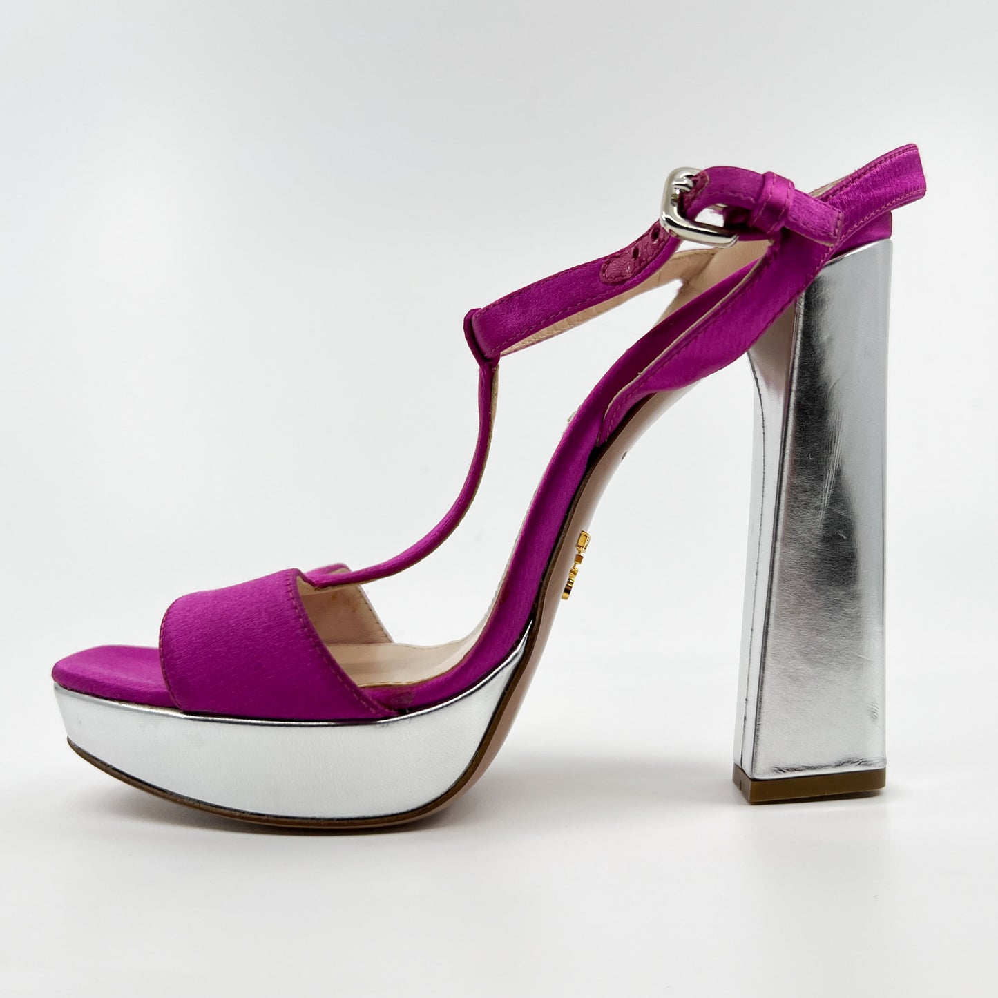 Prada Pink Silk & Silver Heeled Platform Shoes EU37 ~ AU6