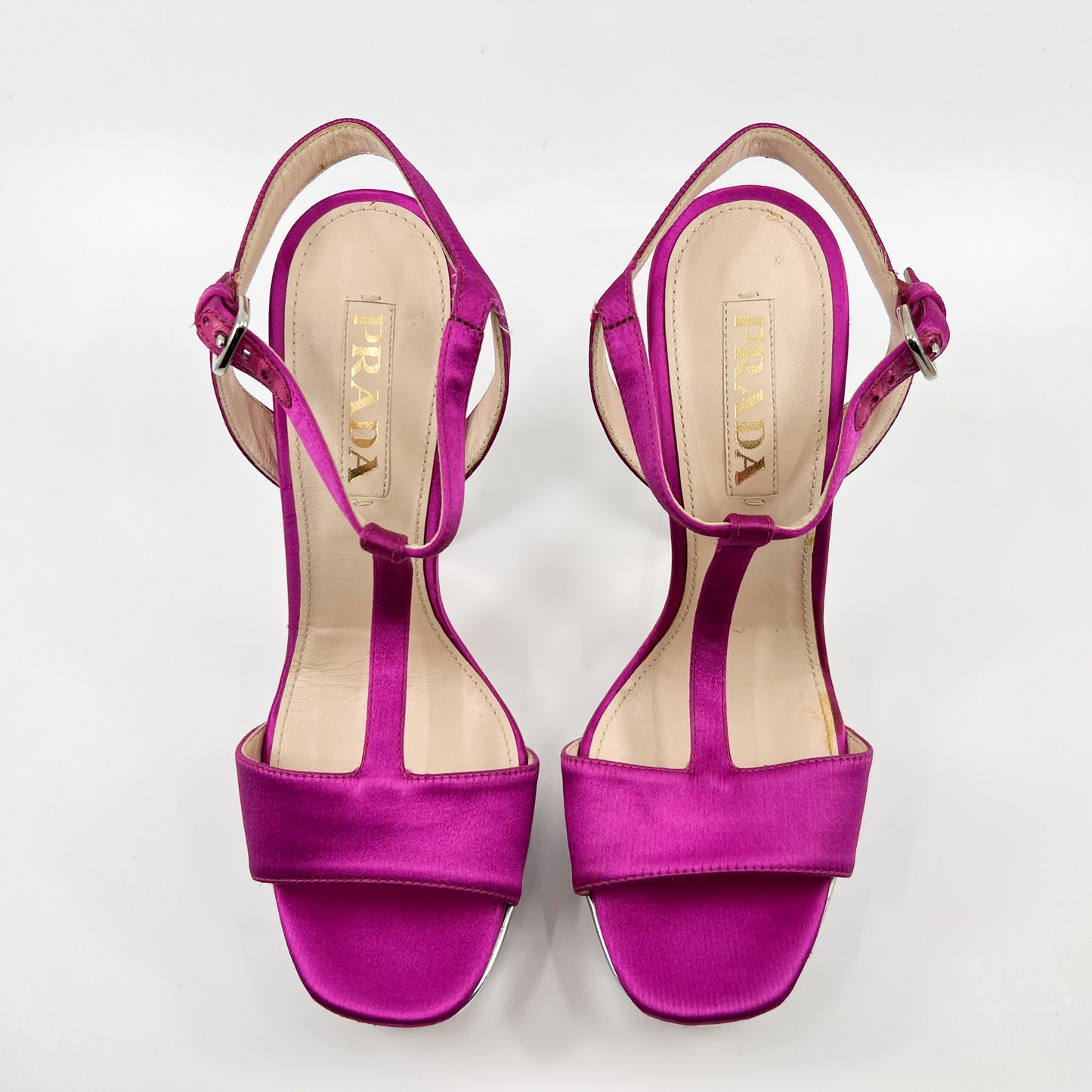 Prada Pink Silk & Silver Heeled Platform Shoes EU37 ~ AU6