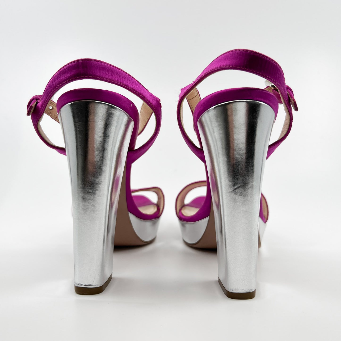 Prada Pink Silk & Silver Heeled Platform Shoes EU37 ~ AU6