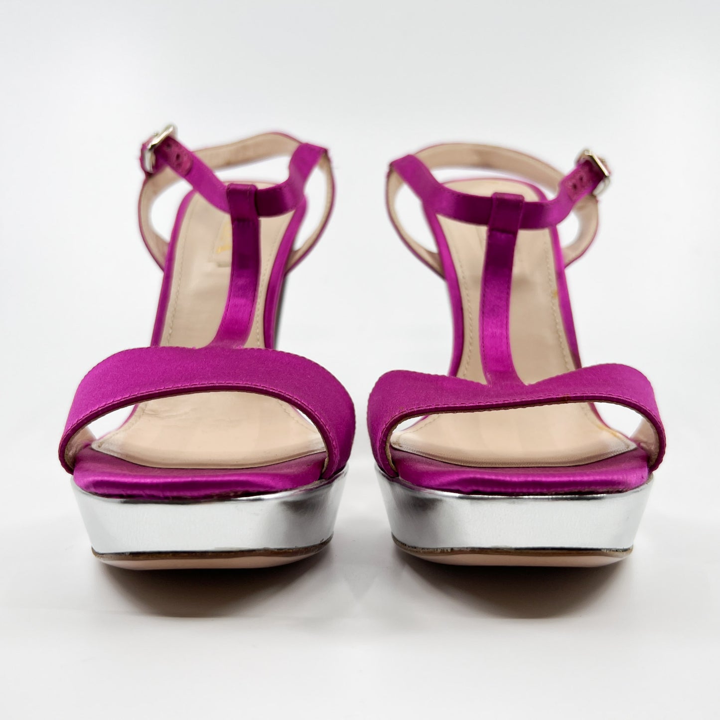 Prada Pink Silk & Silver Heeled Platform Shoes EU37 ~ AU6