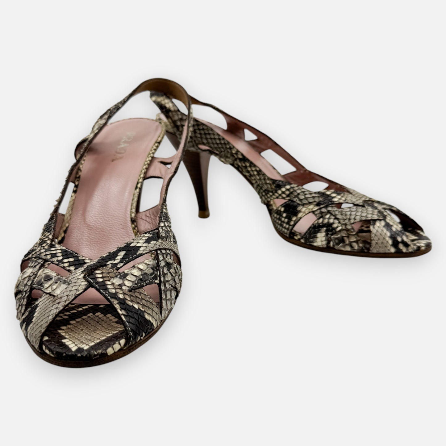 Prada Beige & Cream Snake Leather Heeled Sandal Shoes EU38.5 ~ AU7