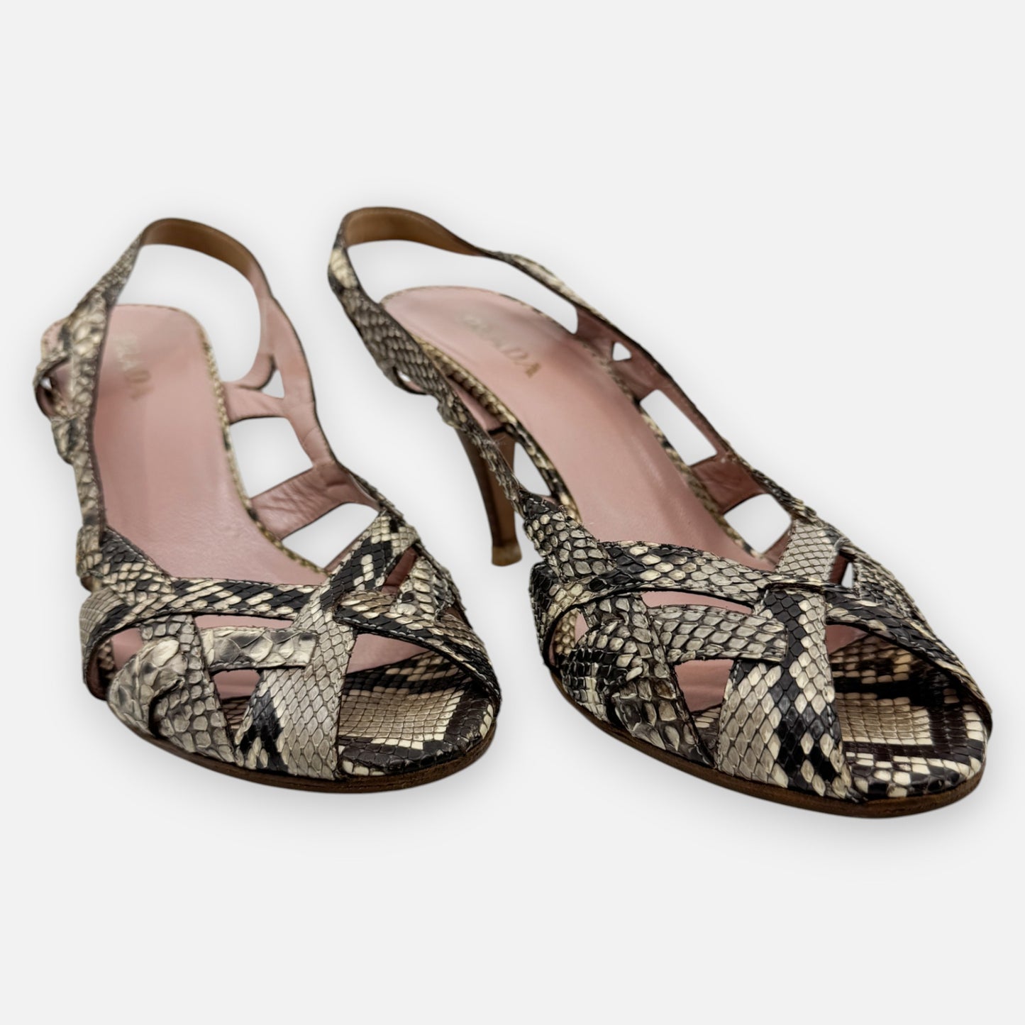 Prada Beige & Cream Snake Leather Heeled Sandal Shoes EU38.5 ~ AU7