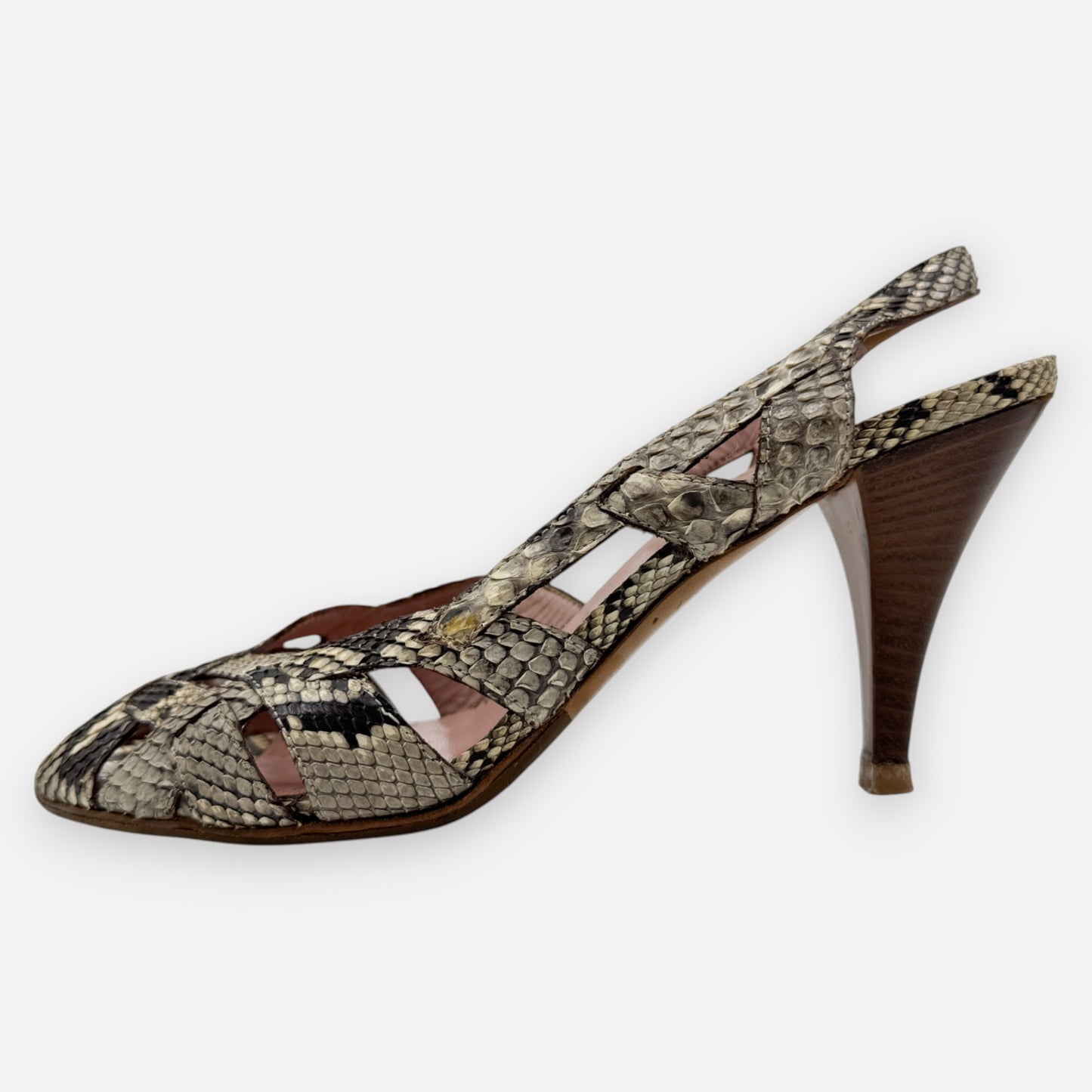 Prada Beige & Cream Snake Leather Heeled Sandal Shoes EU38.5 ~ AU7