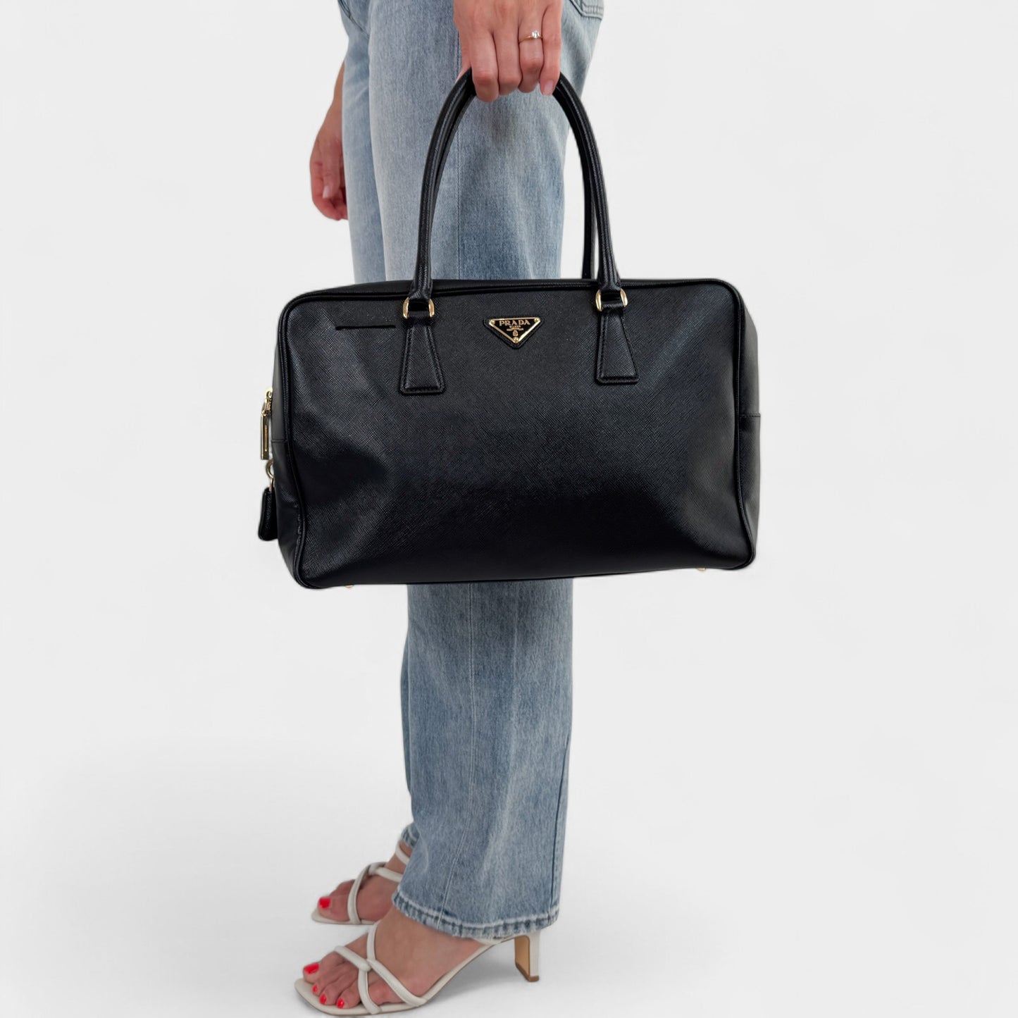 Prada Black Saffiano Leather Bauletto Zip Work Tote Bag
