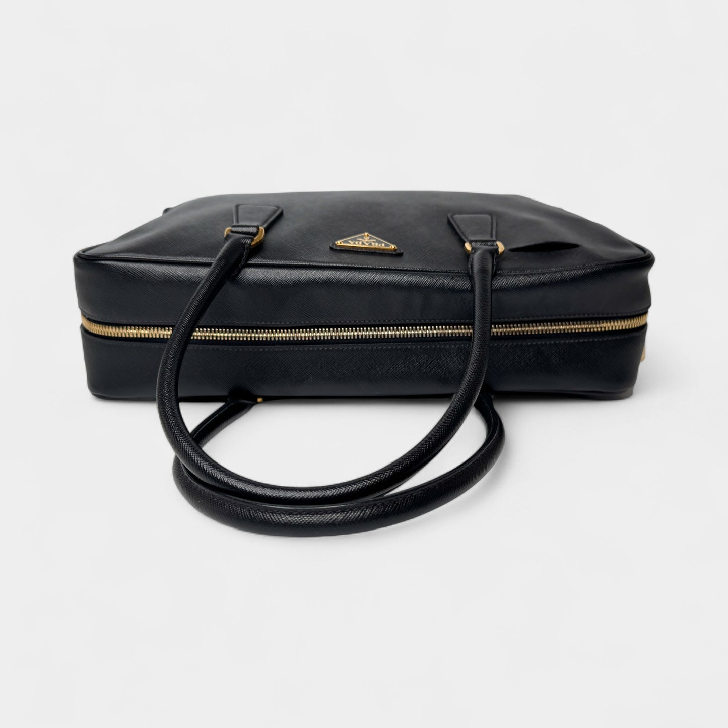 Prada Black Saffiano Leather Bauletto Zip Work Tote Bag