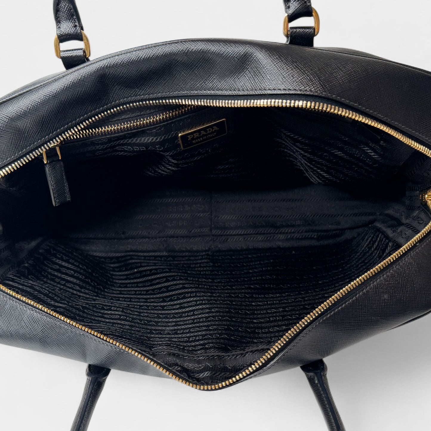 Prada Black Saffiano Leather Bauletto Zip Work Tote Bag