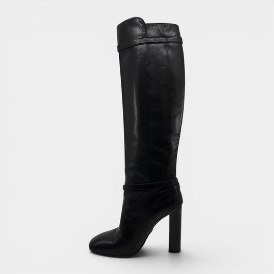 Prada Black Madras Fume Leather Knee High Heeled Boots EU37.5 ~ AU6.5 ~ UK4.5