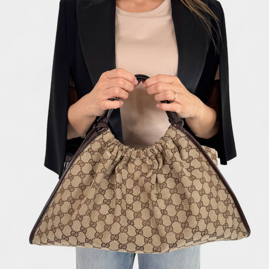Gucci GG Canvas & Leather Trim Gathered Shoulder Handbag