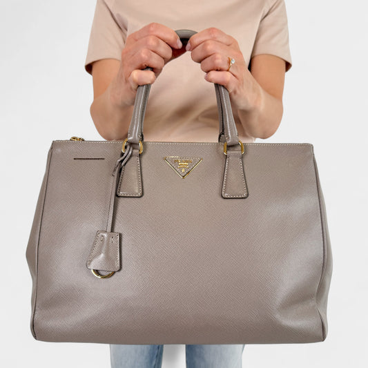 Prada Beige Grey Saffiano Leather Double Zip Galleria Tote Bag