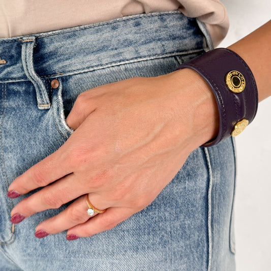 Bvlgari Italy Purple Leather & Goldtone Brass Cuff Bracelet