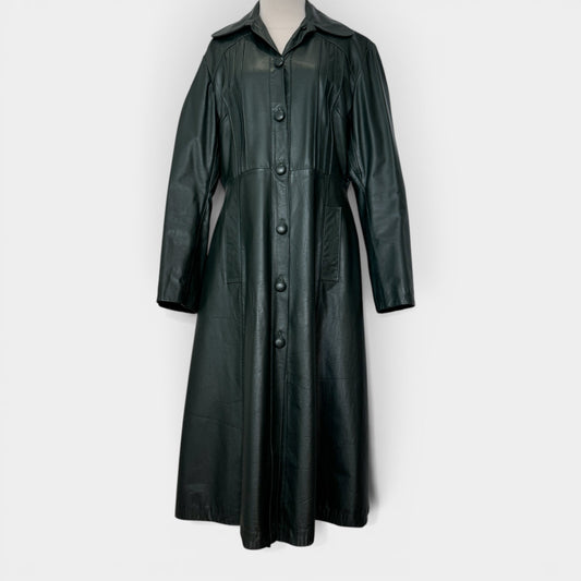 Vintage Dark Green 1970s Genuine Leather Long Coat AU10-12 ~ Medium