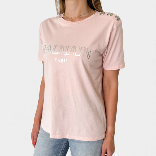 Balmain Paris Pale Pink Logo Print Tee T Shirt EU40 ~ Medium ~ AU10