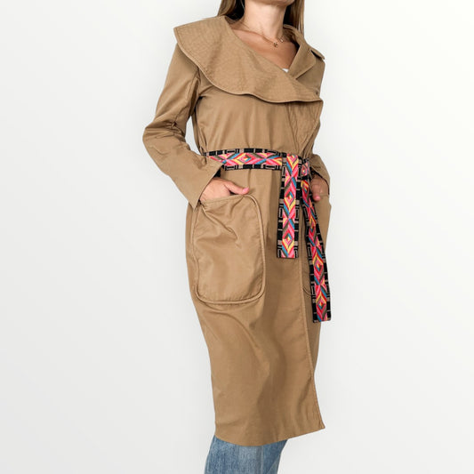 Bazar Deluxe Brown Cotton Twill Embroidered Belt Wrap Coat IT42 ~ AU10-12