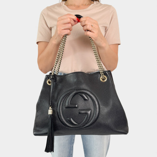 Gucci Soho Double Chain Black Leather Tote Handbag