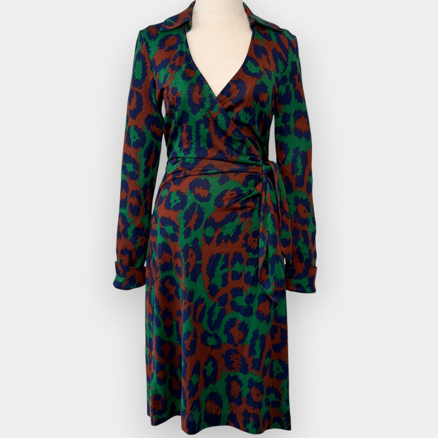Diane Von Furstenberg Green Blue Brown 100% Silk Waist Tie Dress AU8