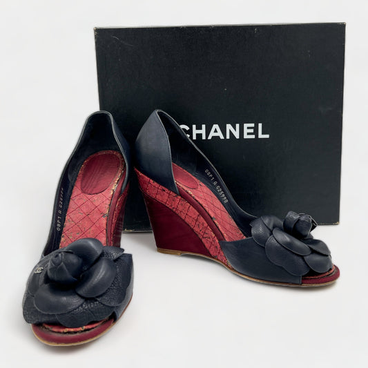 Chanel Navy Blue Leather & Cork Wedge Shoes AU8 ~ EU39