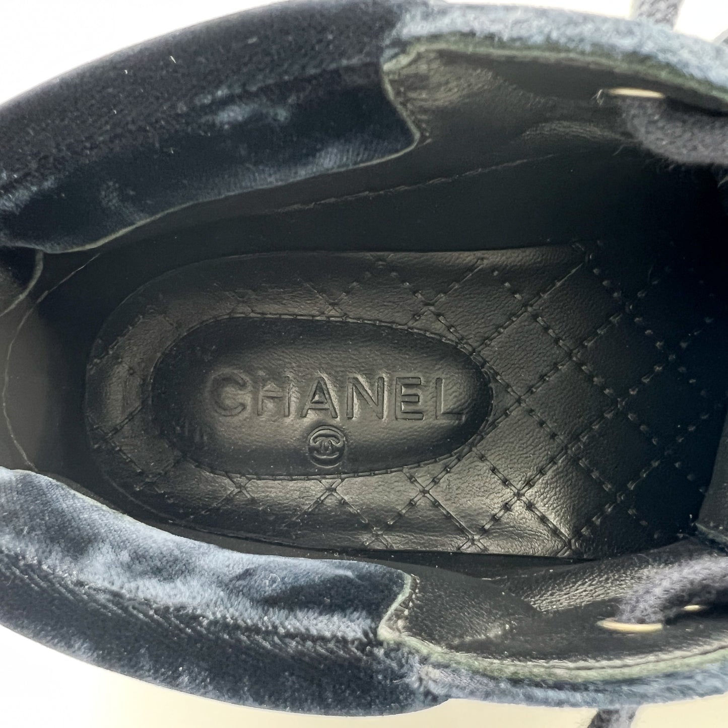 Chanel Navy Blue Velvet & Silver Rubber CC High Top Sneakers EU38 ~ AU7 ~ US7