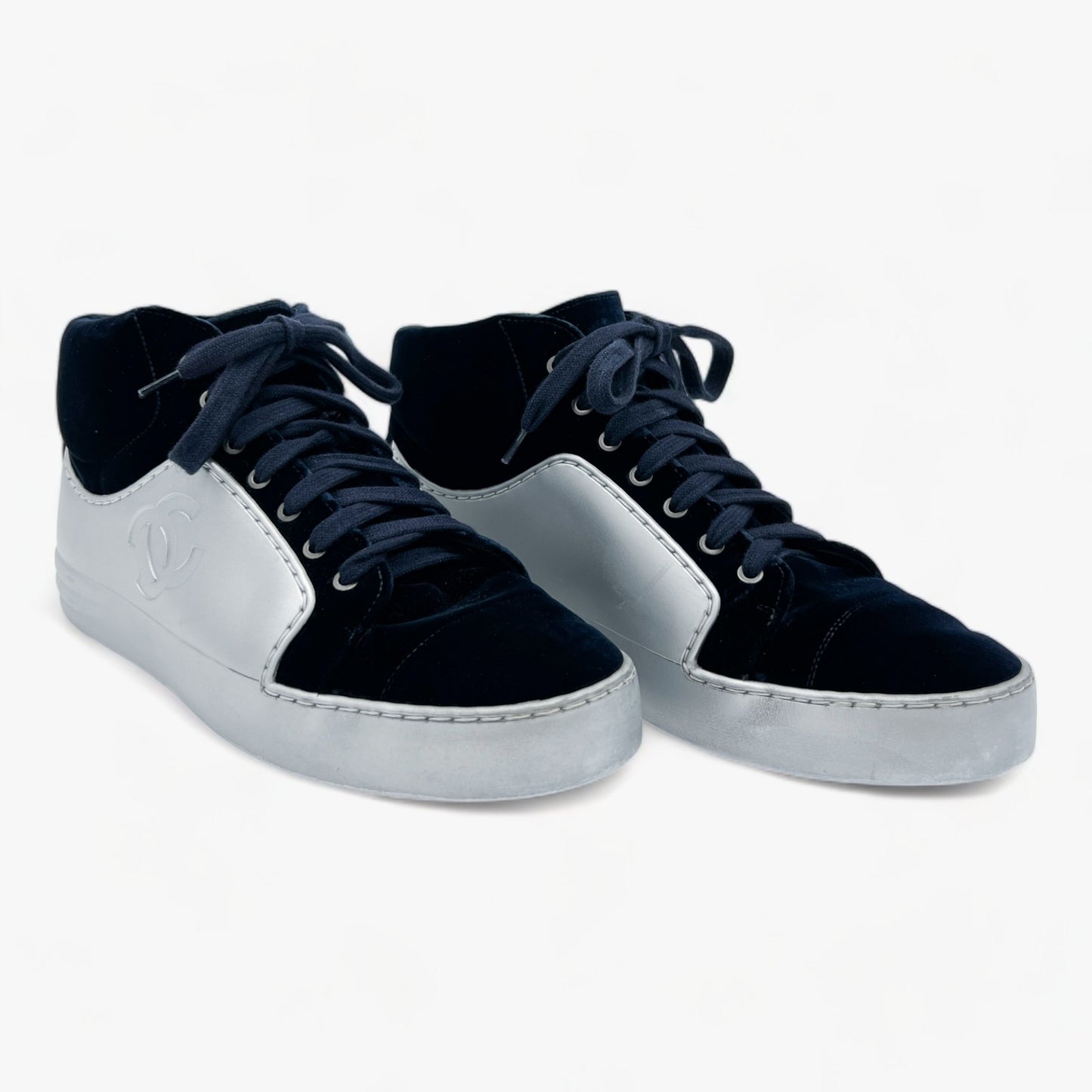 Chanel Navy Blue Velvet & Silver Rubber CC High Top Sneakers EU38 ~ AU7 ~ US7