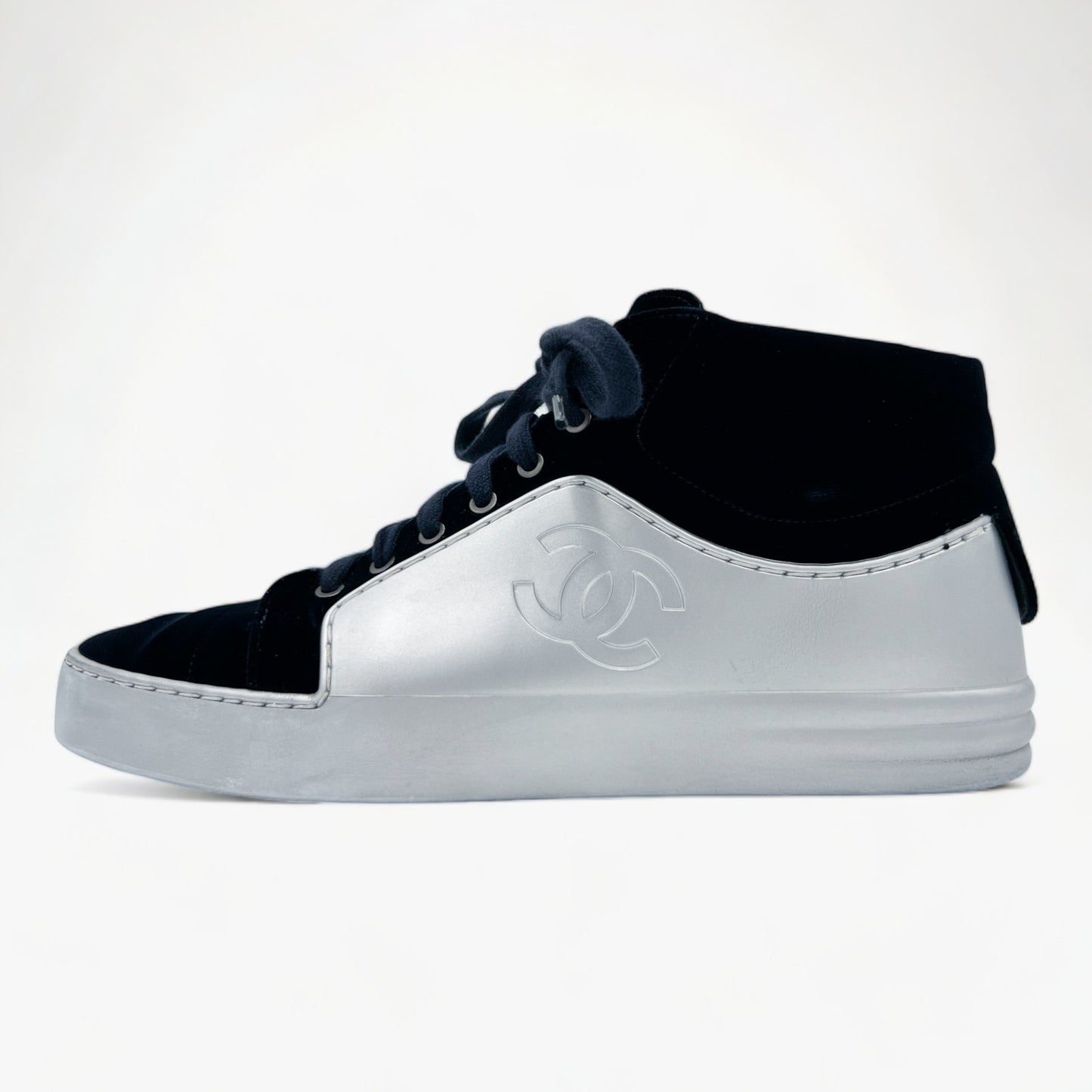 Chanel Navy Blue Velvet & Silver Rubber CC High Top Sneakers EU38 ~ AU7 ~ US7