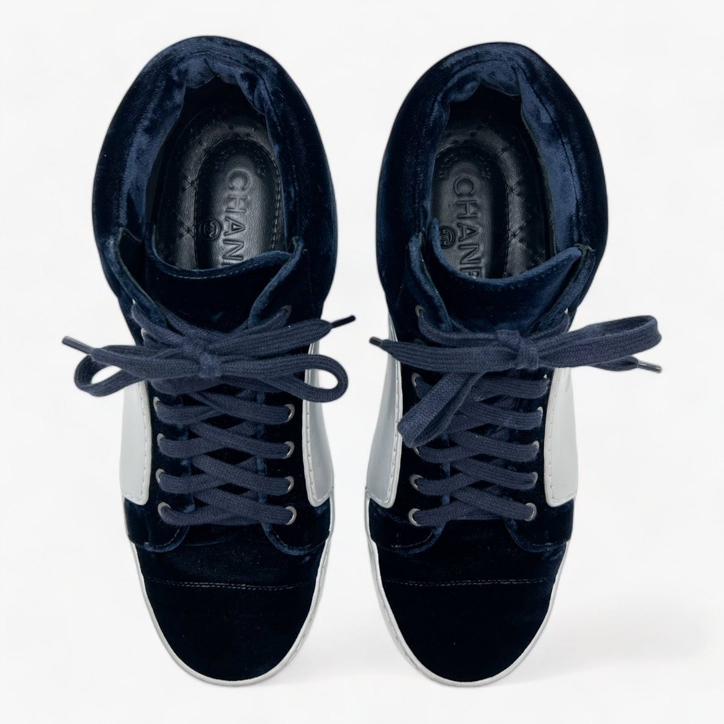 Chanel Navy Blue Velvet & Silver Rubber CC High Top Sneakers EU38 ~ AU7 ~ US7