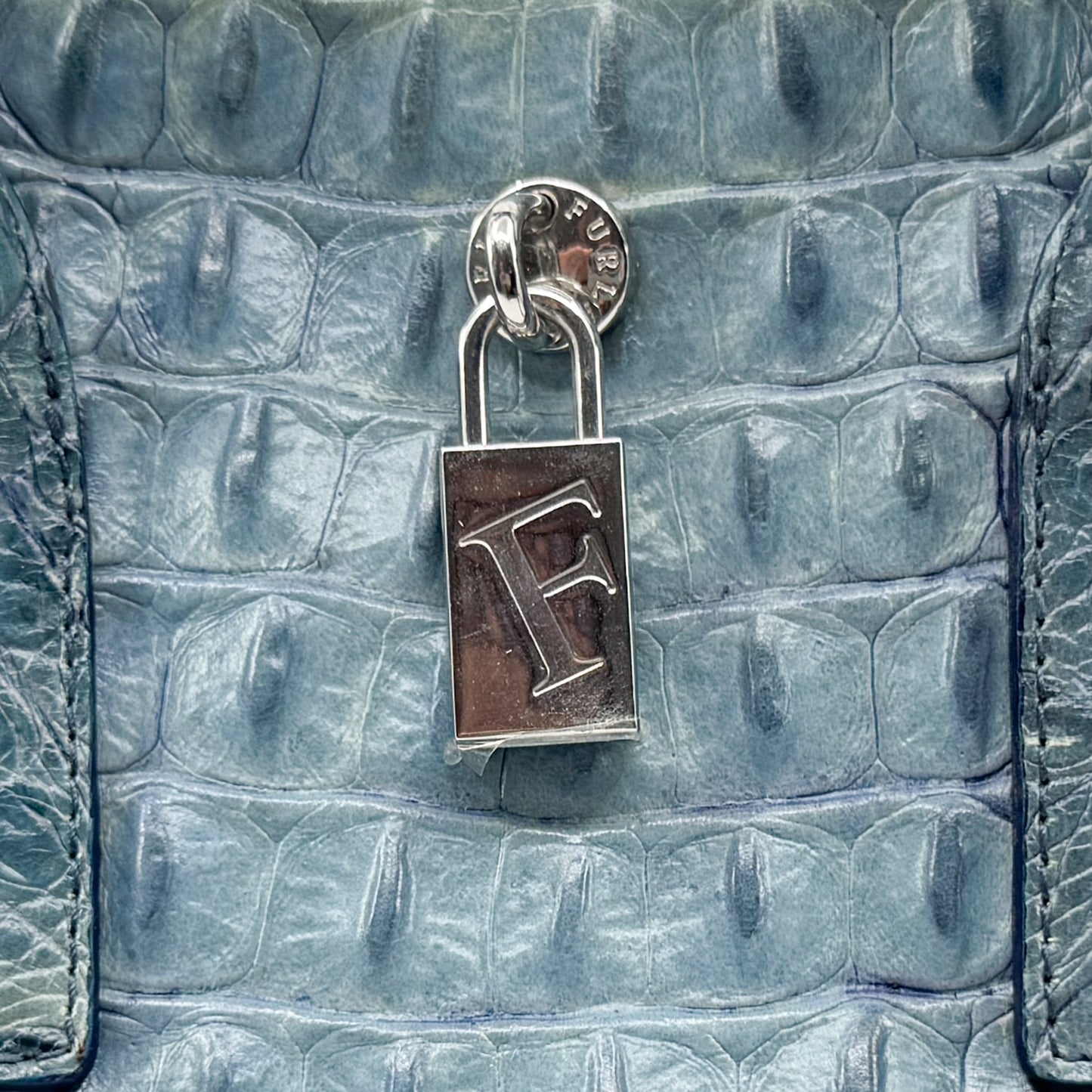 Vintage Furla Blue Croc Embossed Leather Top Handle Bag