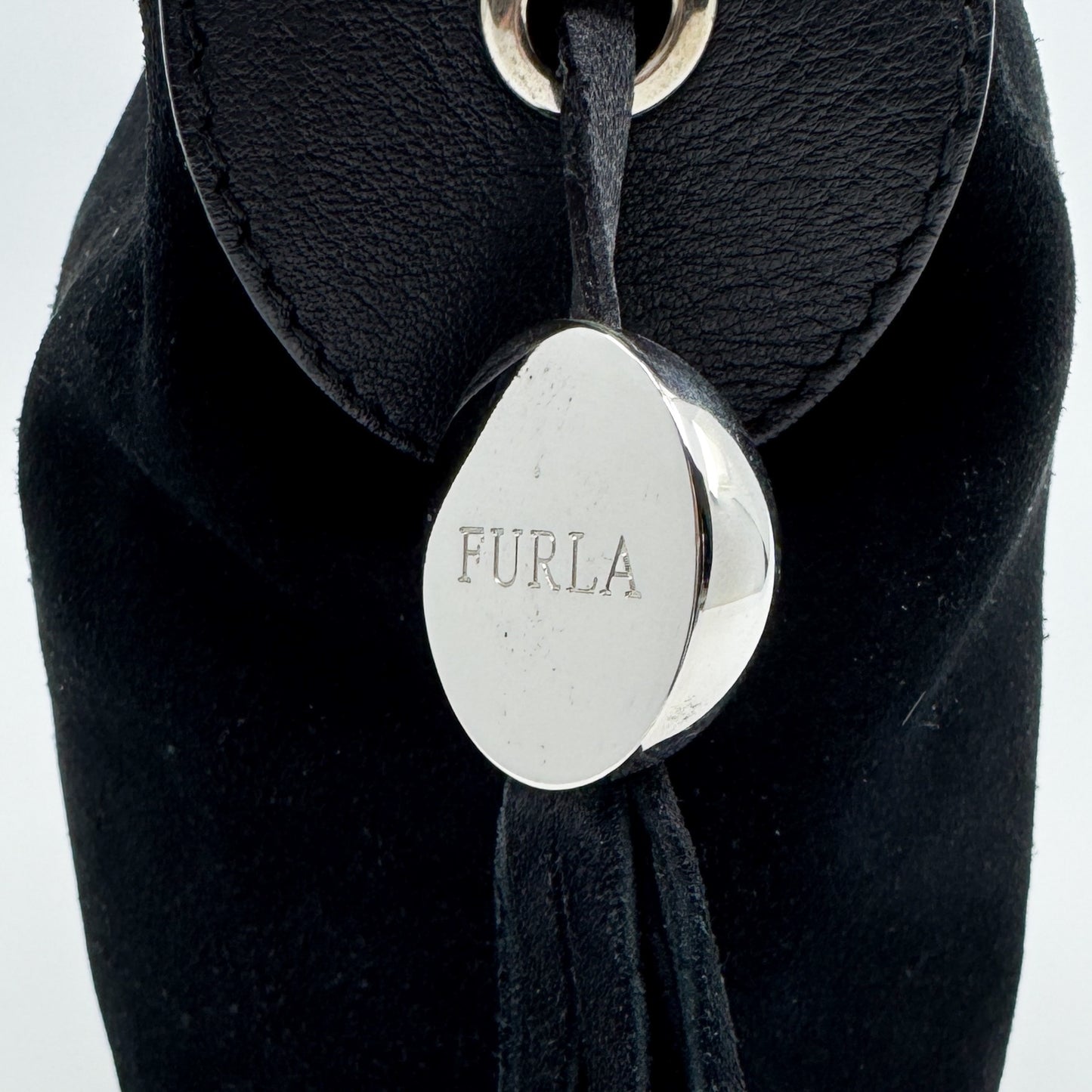 Vintage Furla Black Suede and Leather Top Handle Zip Bag