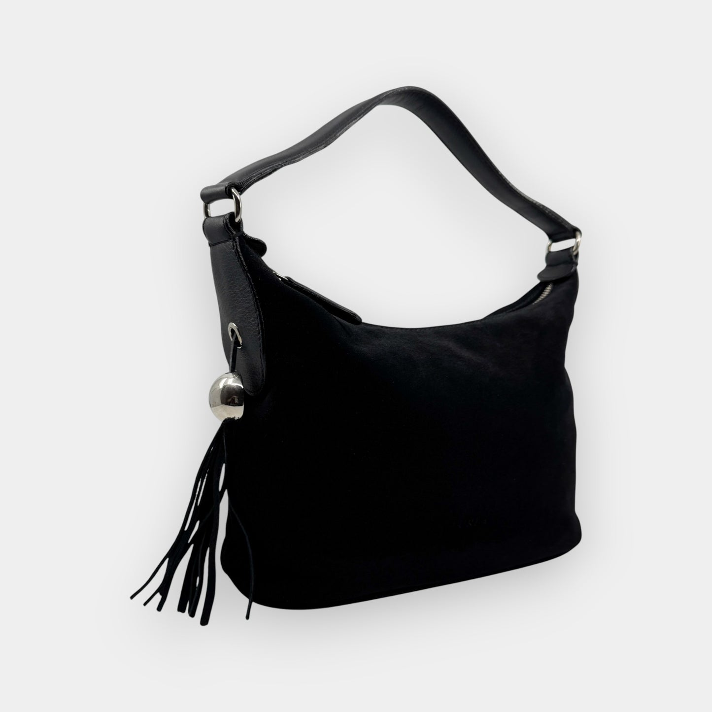 Vintage Furla Black Suede and Leather Top Handle Zip Bag