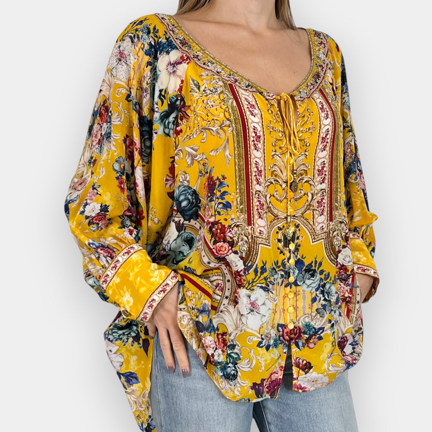 Camilla Yellow Crowned Roses Long Sleeve Tie-Neck Floral Silk Top One Size ~ AU10-12-14