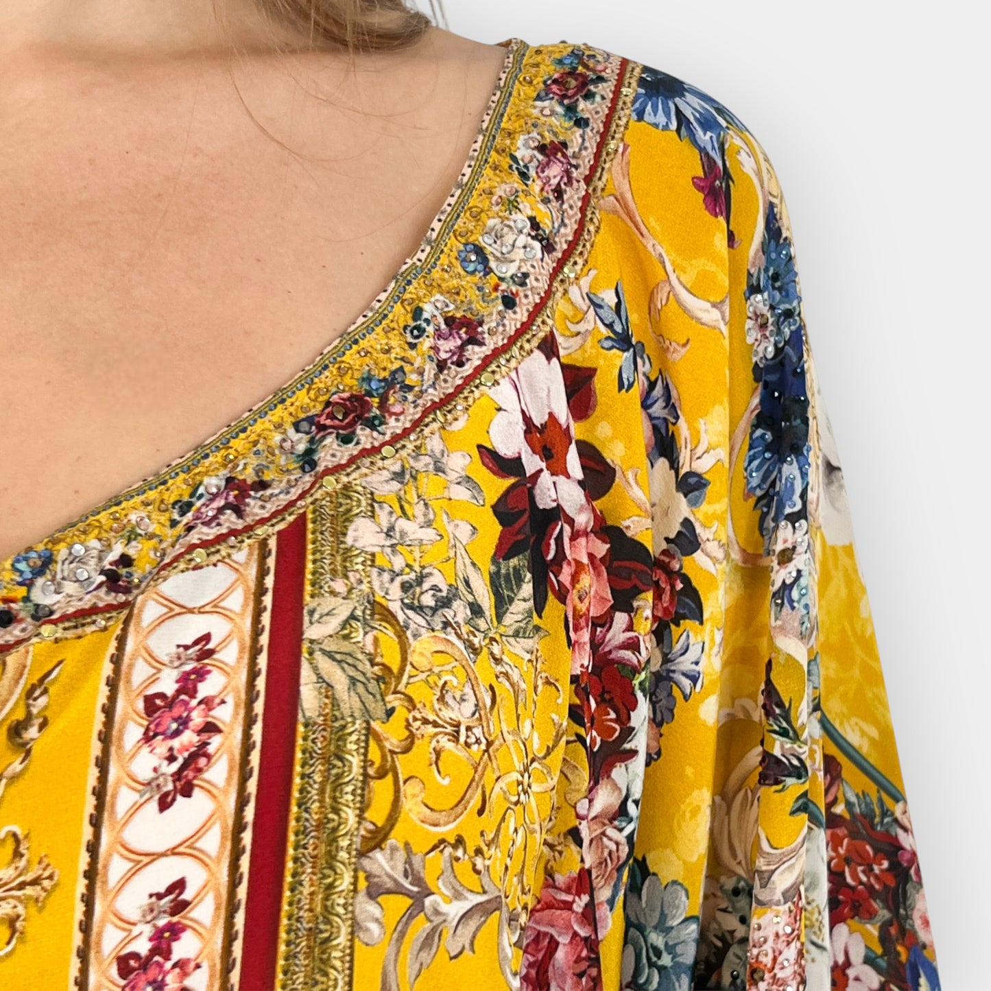 Camilla Yellow Crowned Roses Long Sleeve Tie-Neck Floral Silk Top One Size ~ AU10-12-14