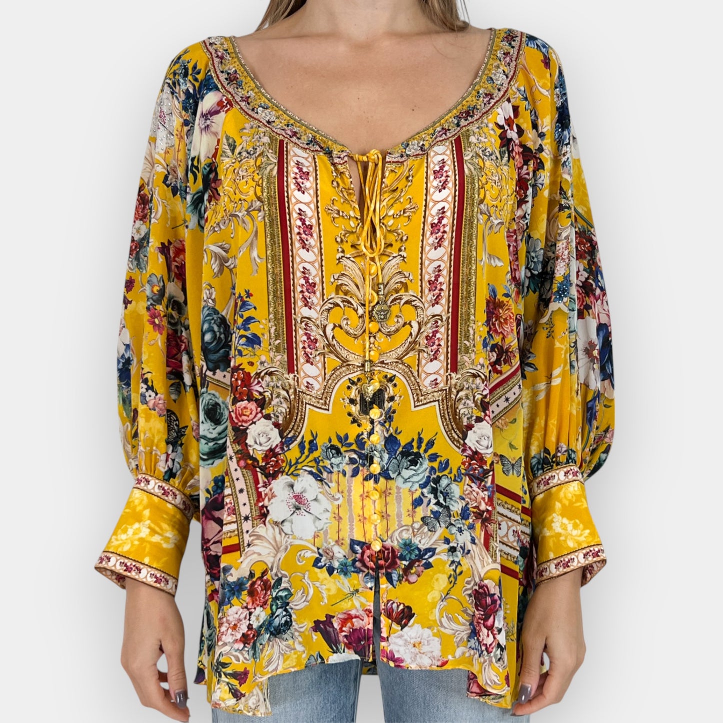 Camilla Yellow Crowned Roses Long Sleeve Tie-Neck Floral Silk Top One Size ~ AU10-12-14