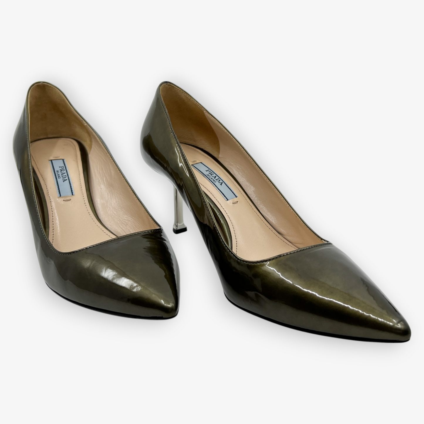 Prada Olive Green Patent Leather Heeled Shoes EU38 ~ AU7