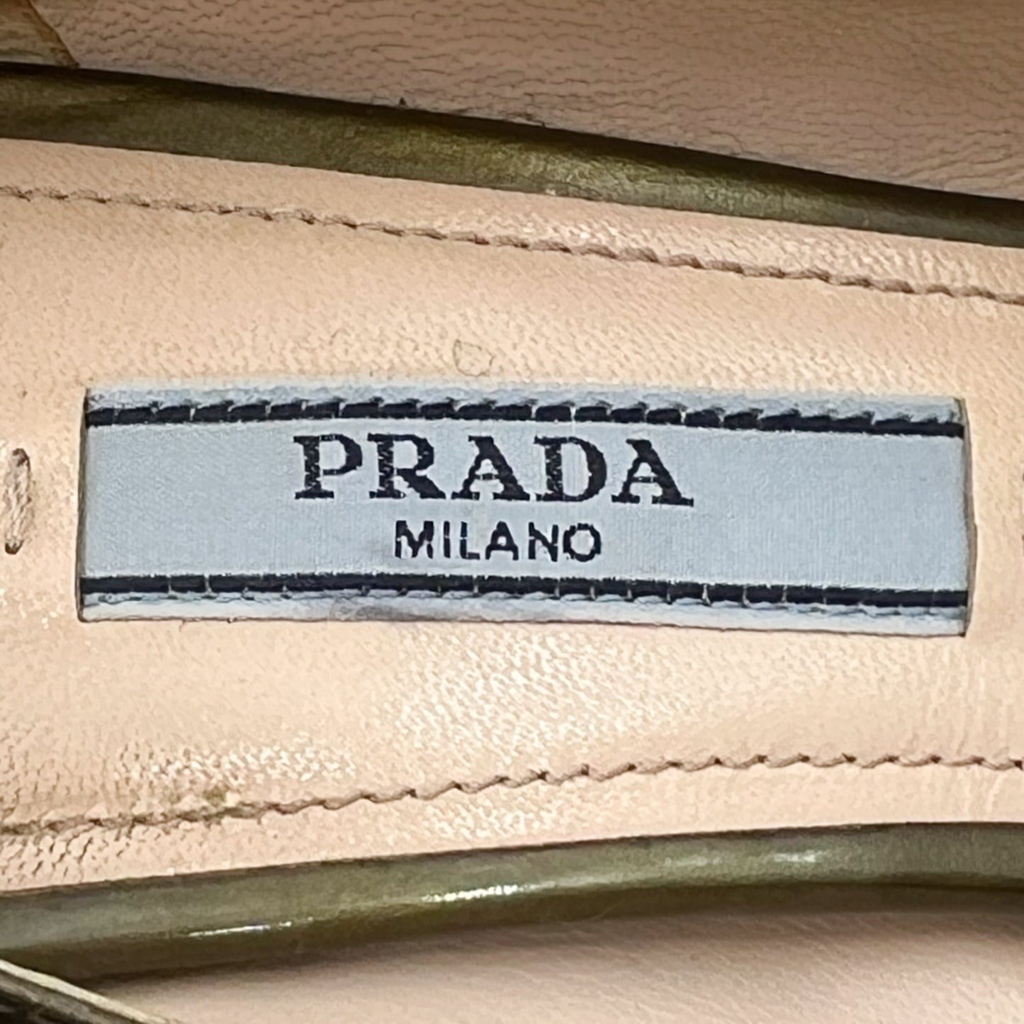 Prada Olive Green Patent Leather Heeled Shoes EU38 ~ AU7