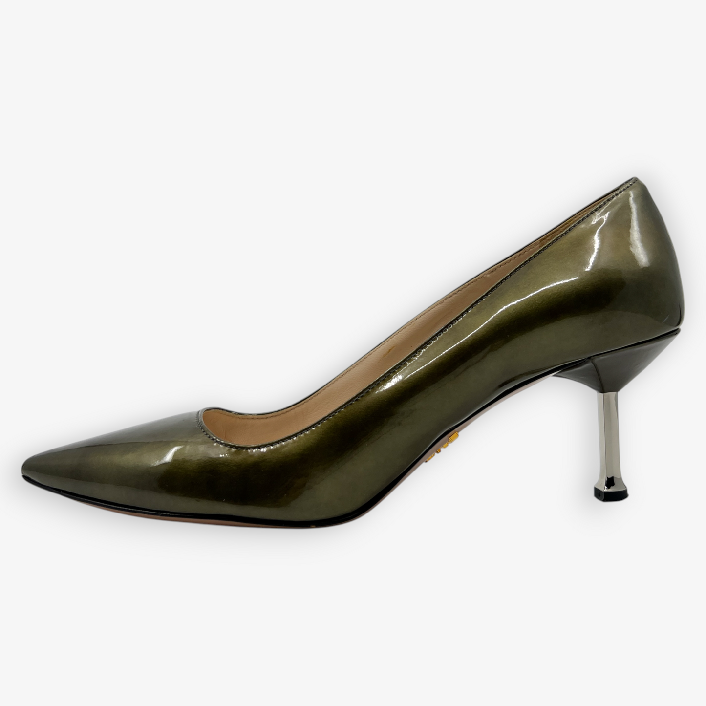 Prada Olive Green Patent Leather Heeled Shoes EU38 ~ AU7