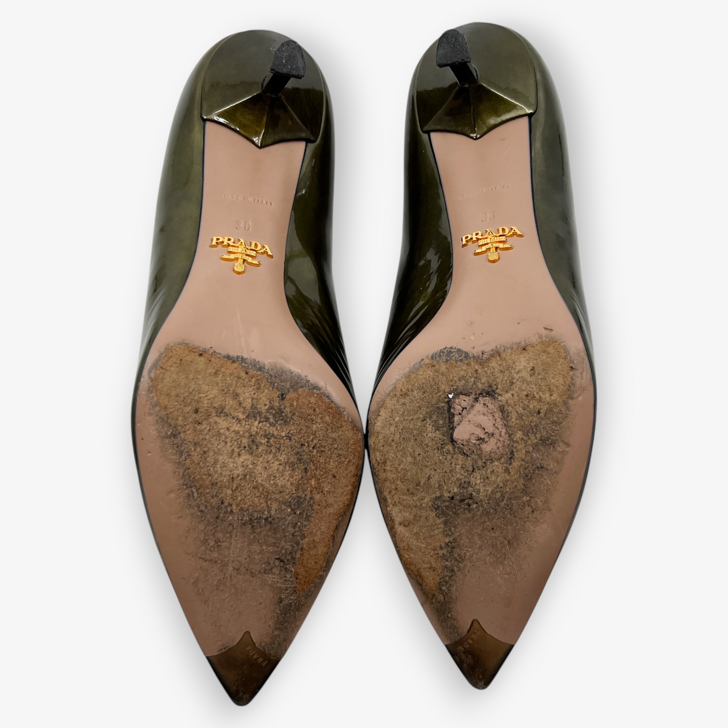 Prada Olive Green Patent Leather Heeled Shoes EU38 ~ AU7