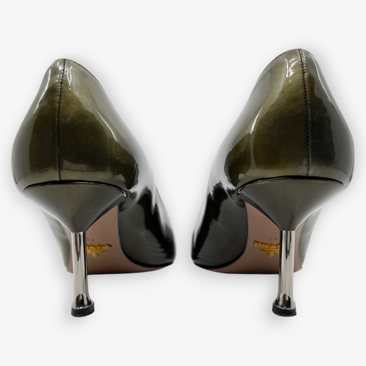 Prada Olive Green Patent Leather Heeled Shoes EU38 ~ AU7