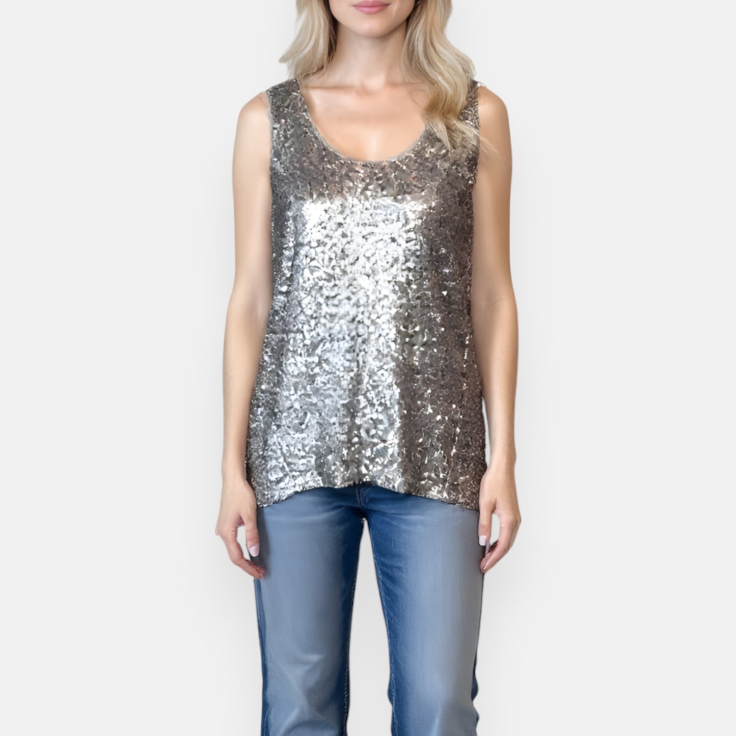 Rabens Saloner Silver Sequin Sleeveless Top Small ~ AU8-10